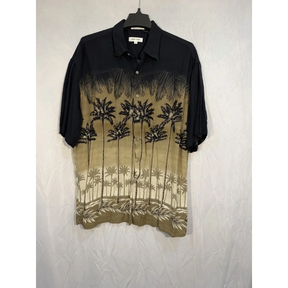 Vintage Men's Rayon Hawaiian‎ Short Sleeve Button Shirt L Palm Trees Beach